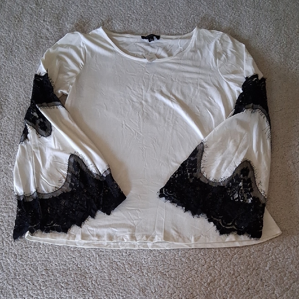 Investments White Blouse with Black Lace Accents